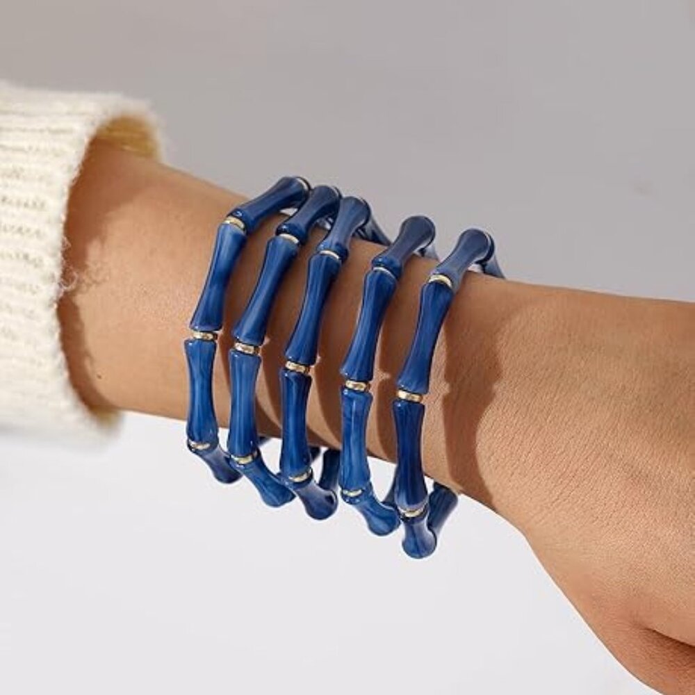 5‎ Chunky Acrylic Bangle Bracelets Resin Bamboo Blue Stretchy
